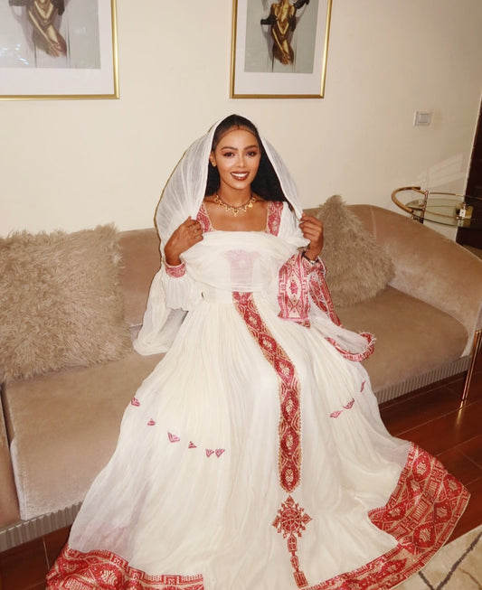 Ethiopian Traditional Dress with Pink Embroidery β Authentic Habesha Kemis