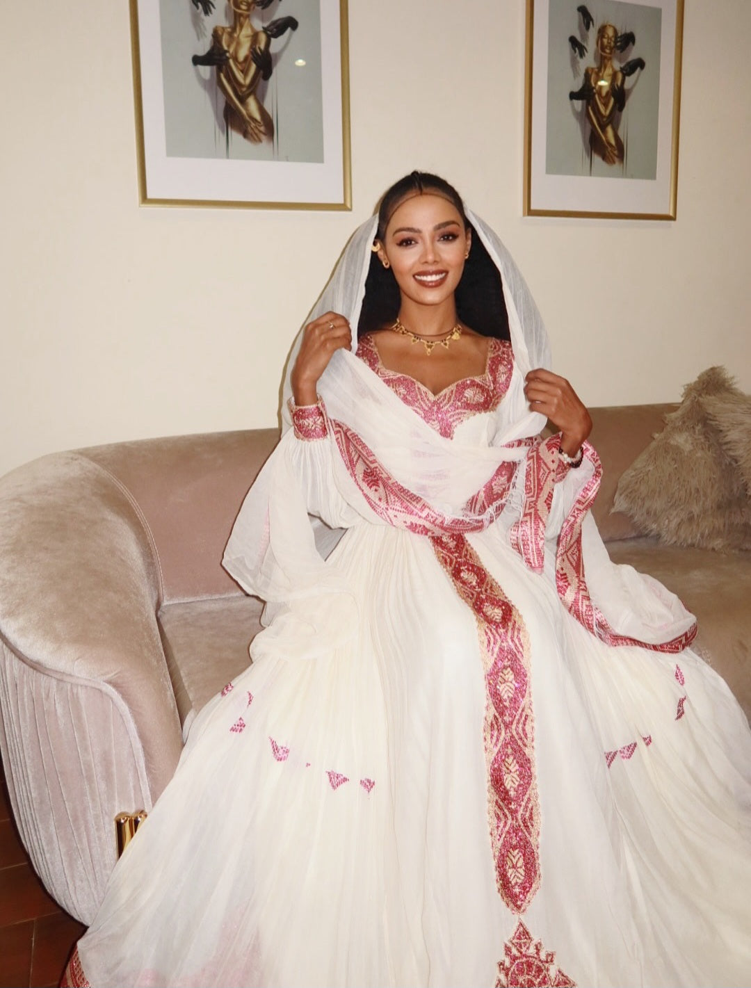Ethiopian Traditional Dress with Pink Embroidery – Authentic Habesha Kemis