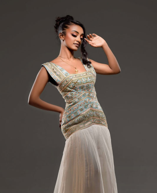 Habesha Dress - Off-the-Shoulder Green Ethiopian Dress for Women
