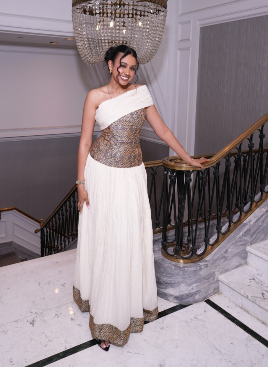 Habesha Dress - Ivory Wedding Attire with brown Detailing
