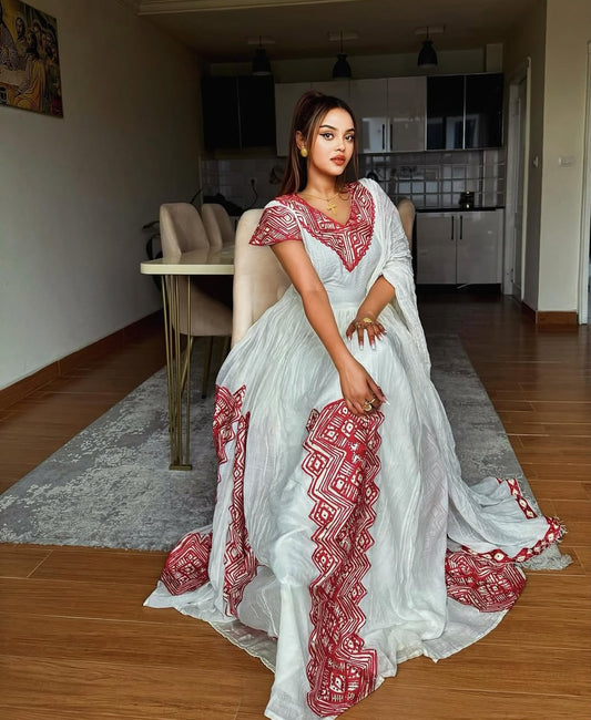 Habesha Dress - Elegant Red Ethiopia habesha wear Hand-Embroidered Dress