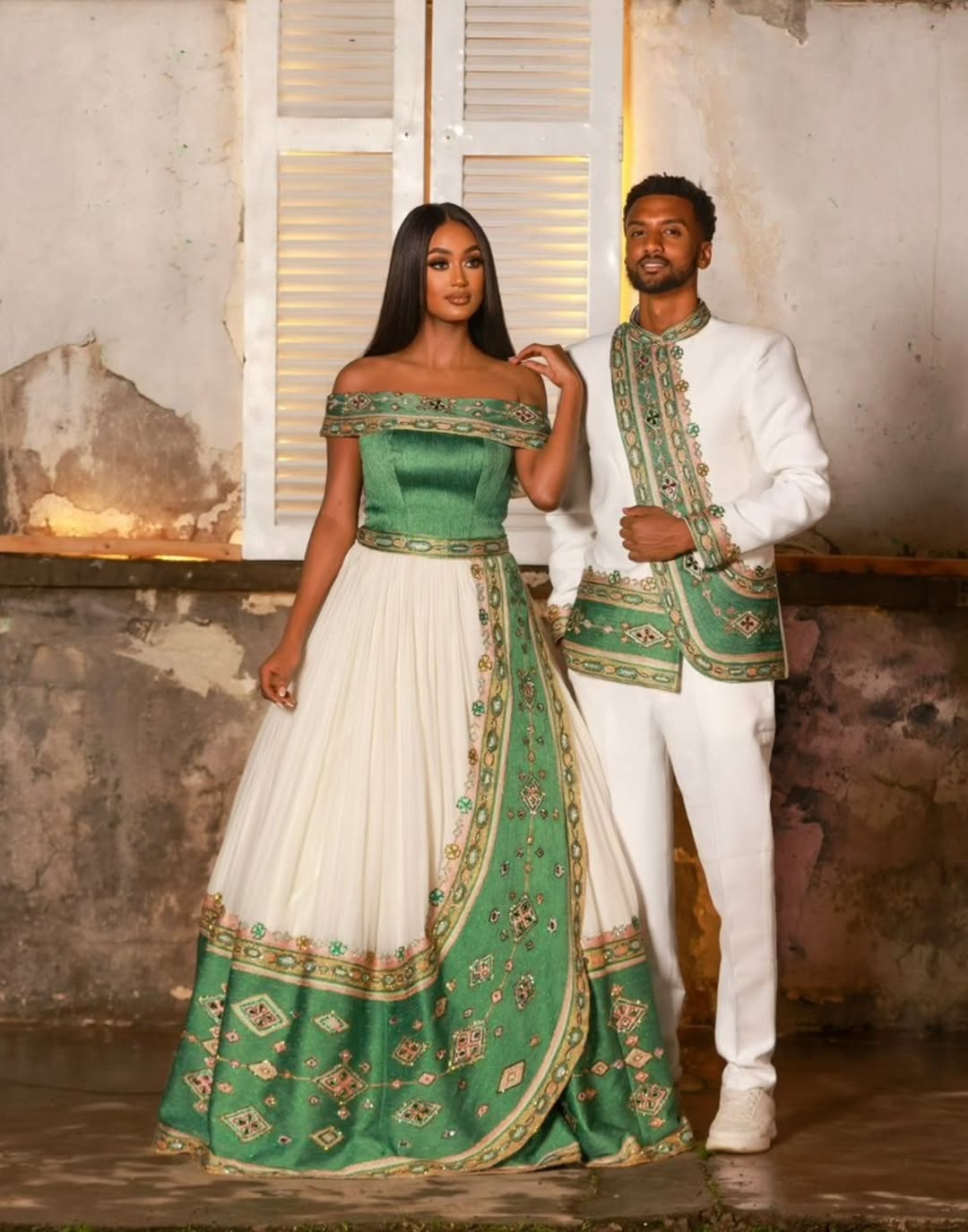 matching dress for couple Habesha Couples Outfit – Traditional Ethiopian Kemis Se – Habesha Outlets Princess Floor Length Chiffon cultural events Material:Sequin Size - 40