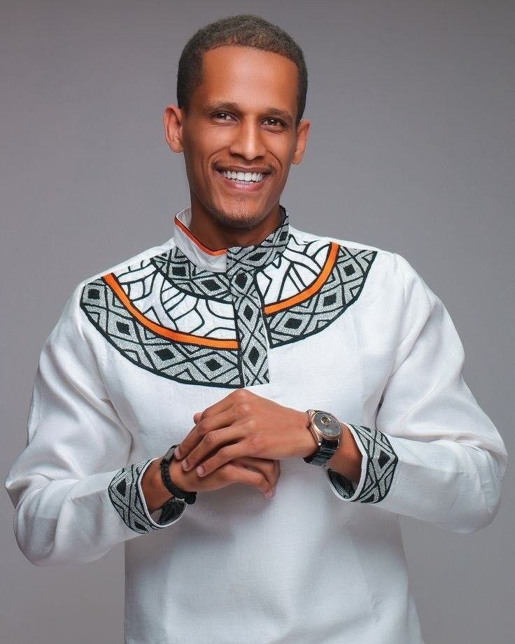 White Habesha Men's Shirt with Black & Orange Tibeb – Bold Geometric Design
