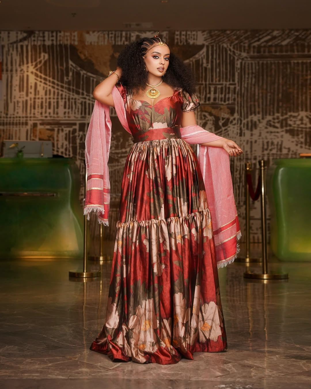 Elegant Floral Habesha Chiffon Dress with Sweetheart Neckline & Matchi – Habesha Outlets
