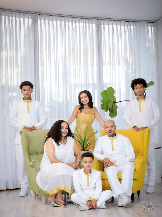 Family Habesha Set β Elegant White & Gold Ethiopian Holiday Outfits by Tsehaye Mehari