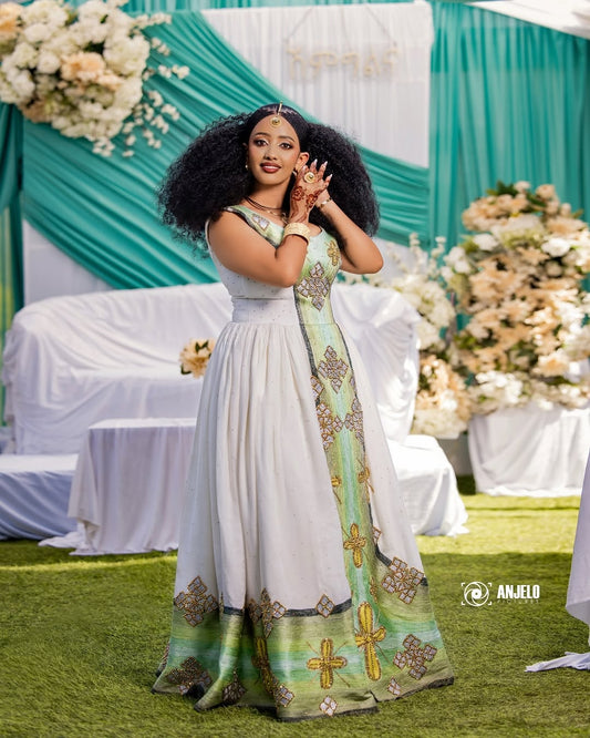 Green Ethiopian Traditional Wedding Dress – Elegant Habesha Kemis with Cross Design and Traditional Tibeb for Cultural Ceremonies