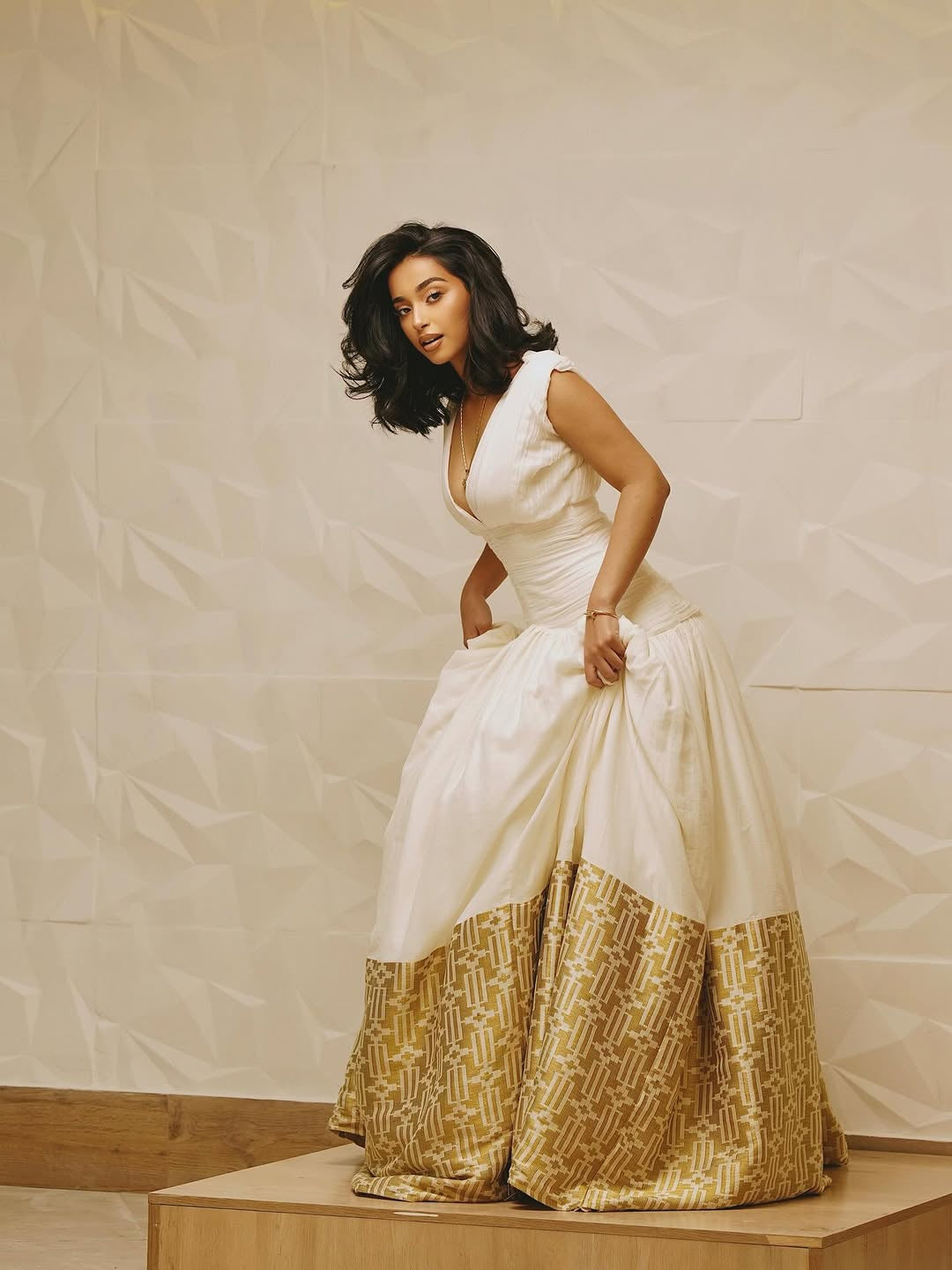 Champagne Gold Bridal Habesha Dress – Luxury Soft Fabric with Silver Tibeb