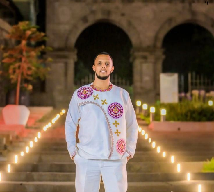 White Habesha Men's Shirt with Purple Circular Embroidery – Bold Side Design