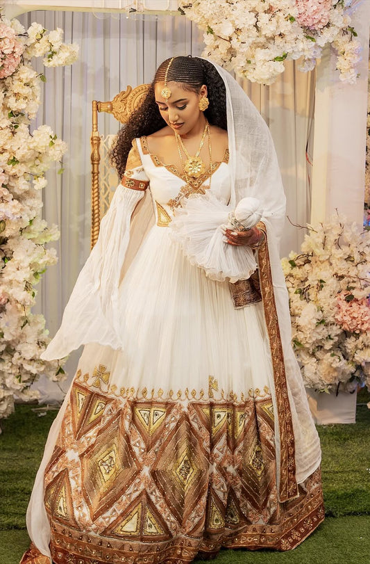 Gold Habesha Dress | Ethiopian Wedding Kemis for Special Occasions