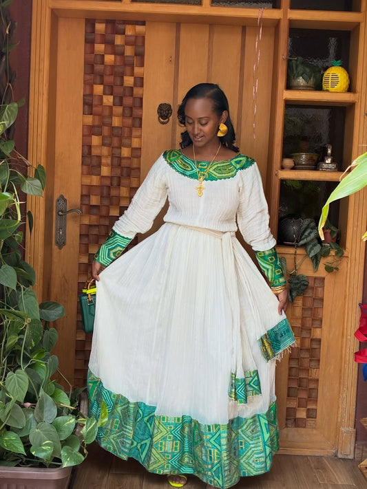 Green Ethiopian Traditional Dress – Graceful Outfit for Weddings, Church Services & Cultural Celebrations