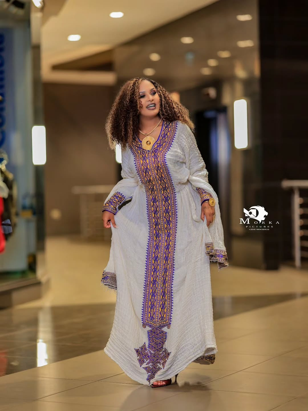 Elegant White Ethiopian Traditional Dress with Purple & Lavender Tilf