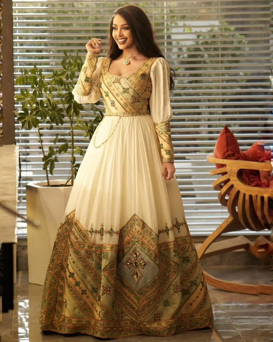 Gold-Embroidered Habesha Kemis by Enku Design β Luxury Ethiopian Bridal Dress