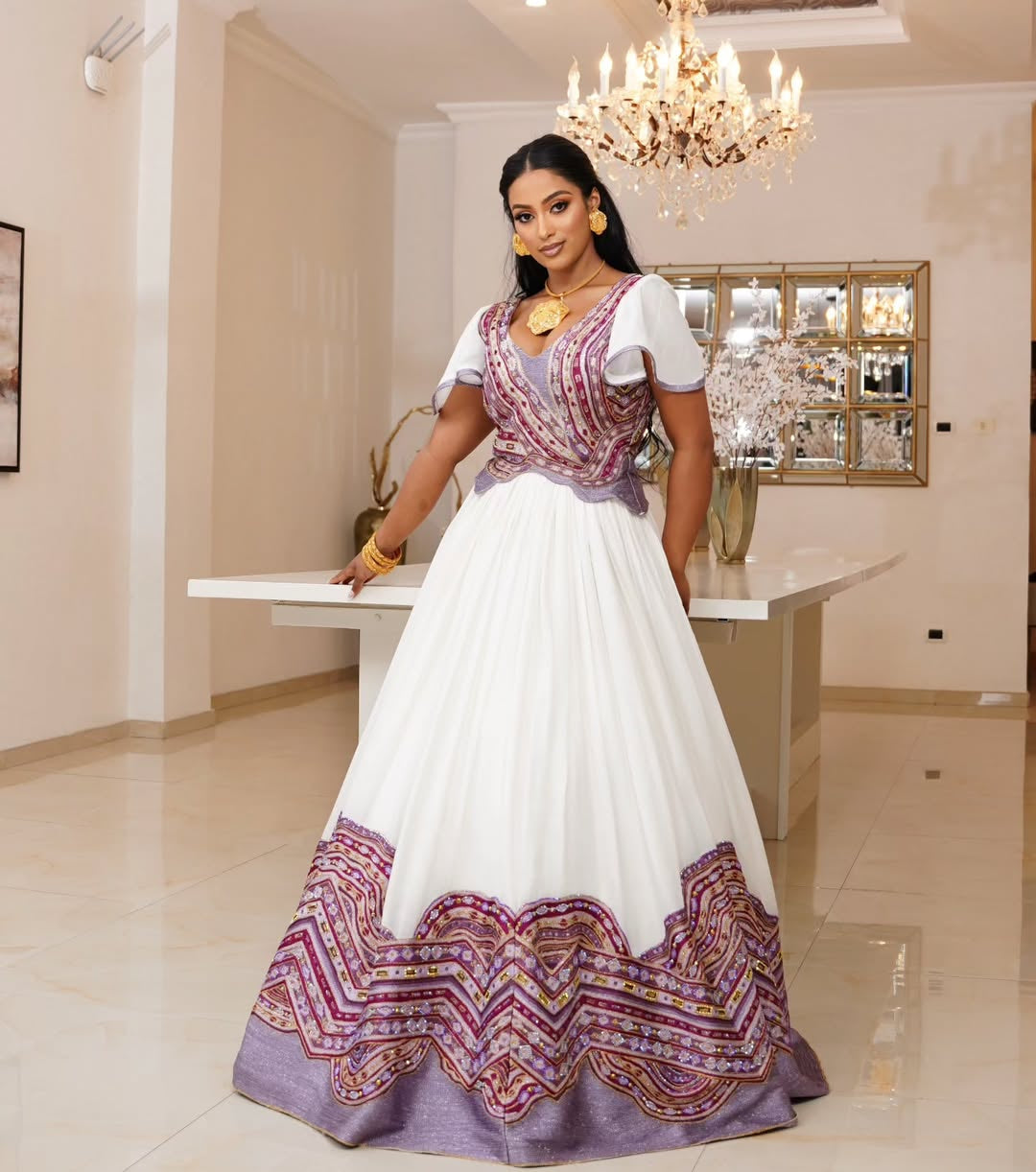 Purple Ethiopian Wedding Dress – Luxury Handwoven Kemis by ENKU Design| Modern Ethiopian Wedding Outfit