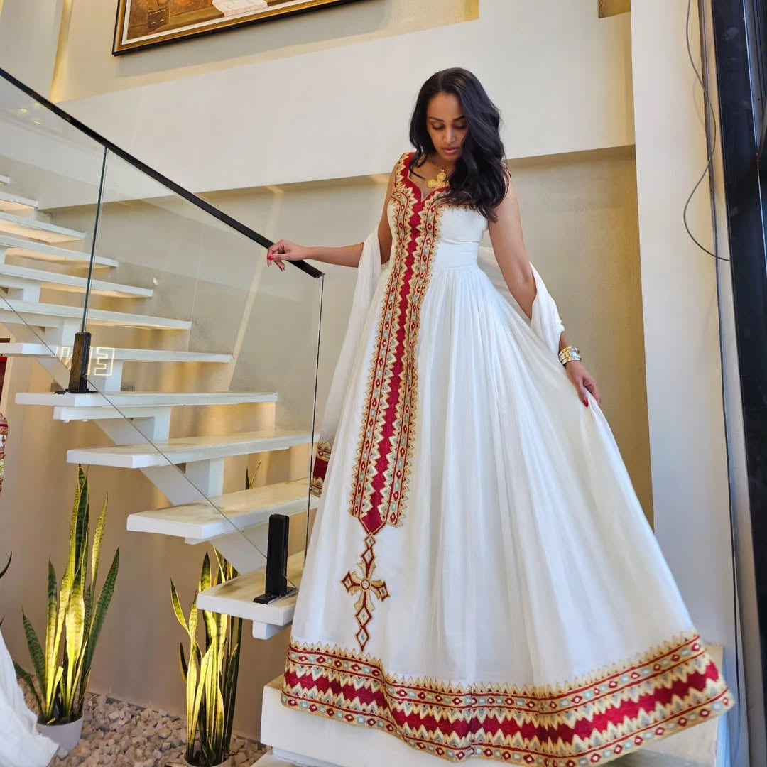 ethiopian dress design Luxury Red Ethiopian Dress – Premium Habesha Kemis by ENKU Design