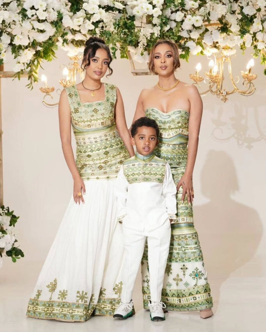 Green Elegance Family Habesha Kemis Set by Enku Design – Ethiopian Traditional Dress