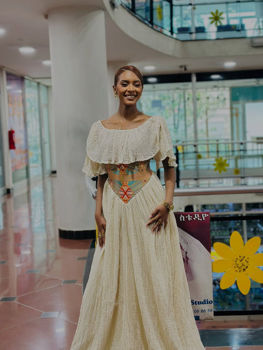 Ethiopian Habesha Clothes | Biege Elegant Dress for Special Occasions