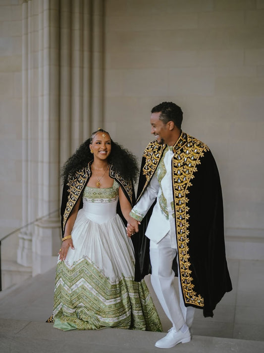 Ivory & green Harmony Habesha Kemis Couple Set by Enku Design – Ethiopian Wedding Dress