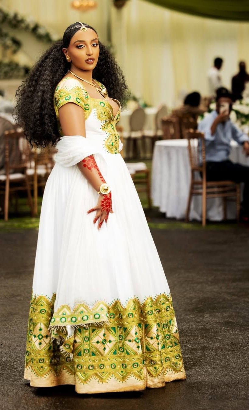 Green Ethiopian Dress Traditional | Cotton Handmade Wedding Outfit