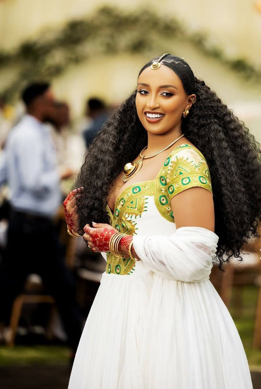 Green Ethiopian Dress Traditional | Cotton Handmade Wedding Outfit