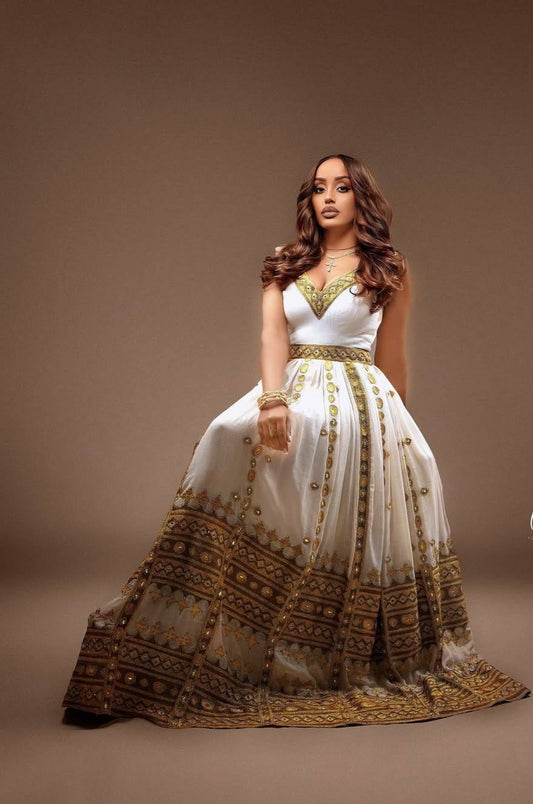 የወርቅ ሃበሻ ቀሚስ – በእጅ የተሠራ የኢትዮጵያ ልብስ ለሴቶች