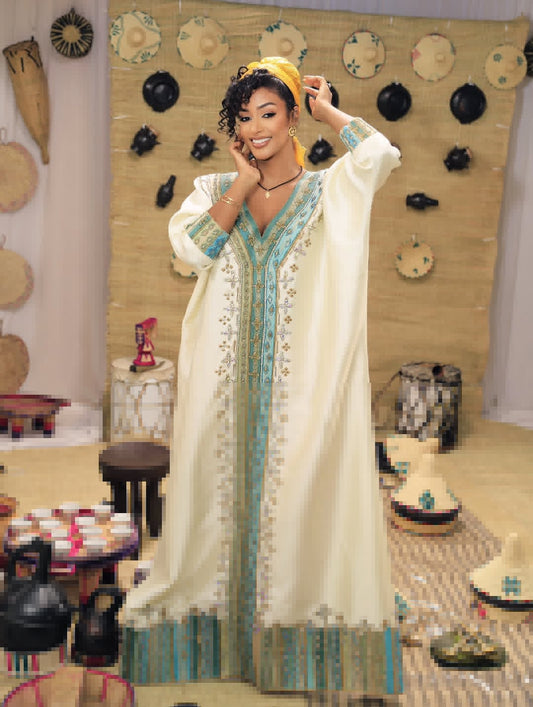 ሰማያዊ ኢትዮጵያዊ ልብስ – ባህላዊ የኮተን ሃበሻ ቀሚስ ለበዓላት