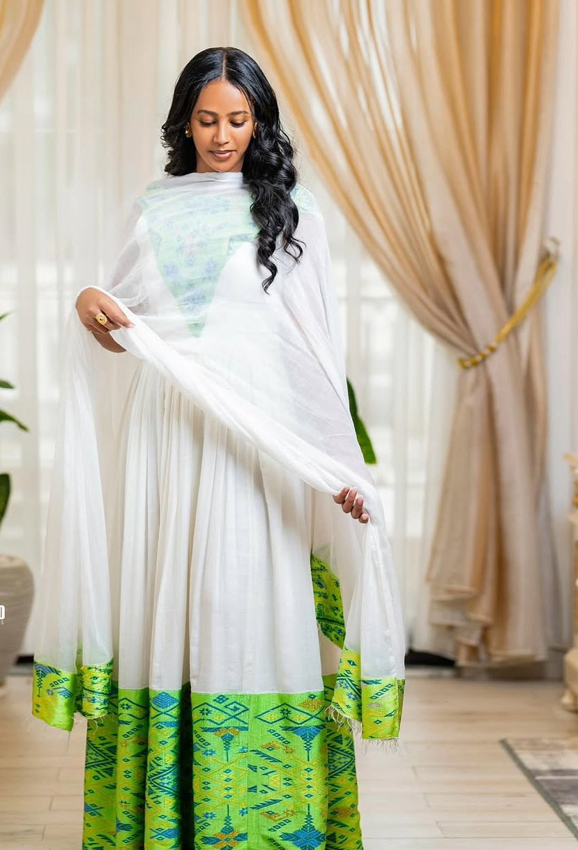 Green Ethiopian Dress | Handmade Cotton Habesha Kemis for Special Events