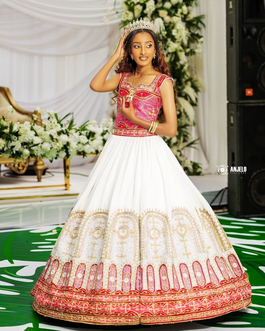Red Ethiopian Wedding Dress: Elegant Habesha Kemis with Traditional Tibeb
