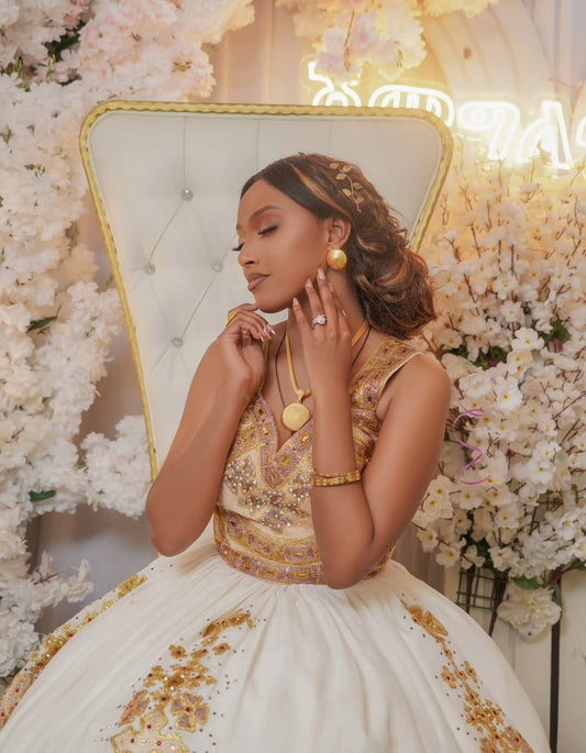 Gold Ethiopian Traditional Wedding Dress – Elegant & Luxurious Full Tibeb for Brides, Engagements & Special Occasions