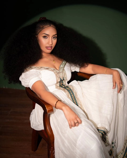 Green Ethiopian Dress β handwoven cotton with Minimalist Habesha Kemis