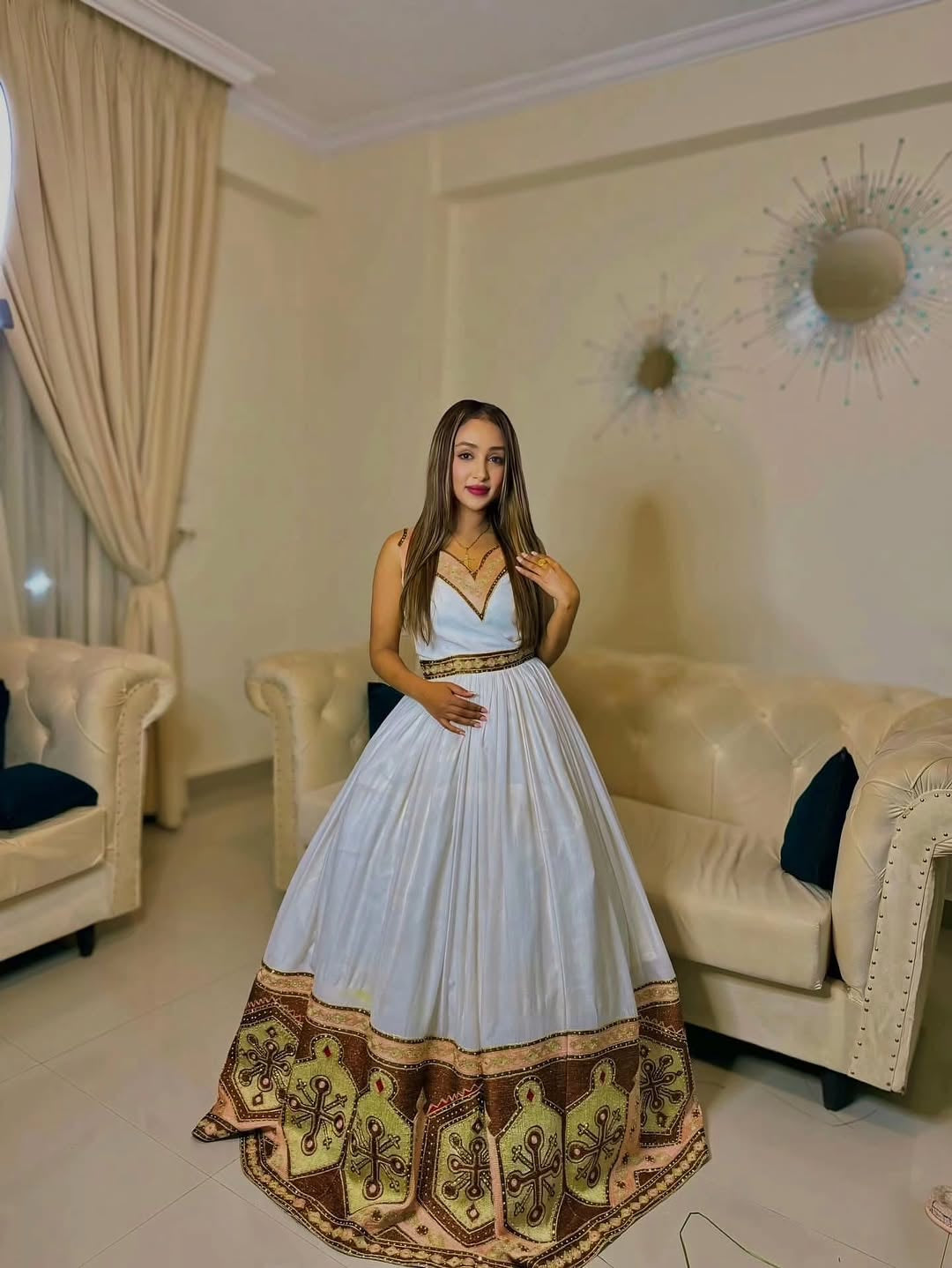Coral Ethiopian Dress | Handmade Habesha Kemis for Weddings and Church