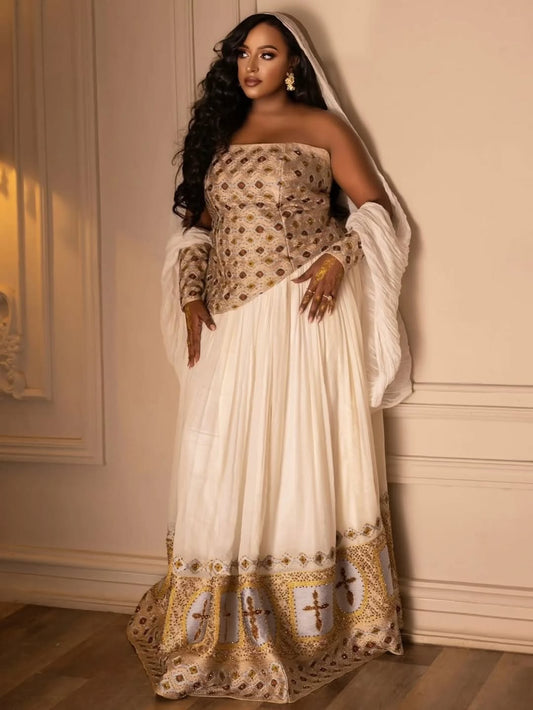 Ivory brown Ethiopian Dress Traditional | Elegant Dress for Church