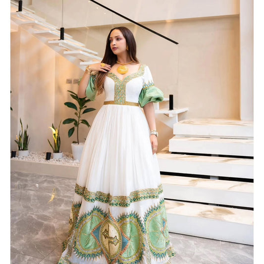 Green Habesha Kemis β Handwoven Ethiopian Dress for Cultural Events