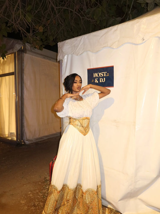 Cream & Gold Traditional Ethiopian Dress β Wide Tibeb for Ceremonies