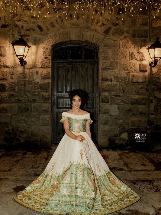 Gold & Green Ethiopian Wedding Dress β Bridal Habesha Kemis