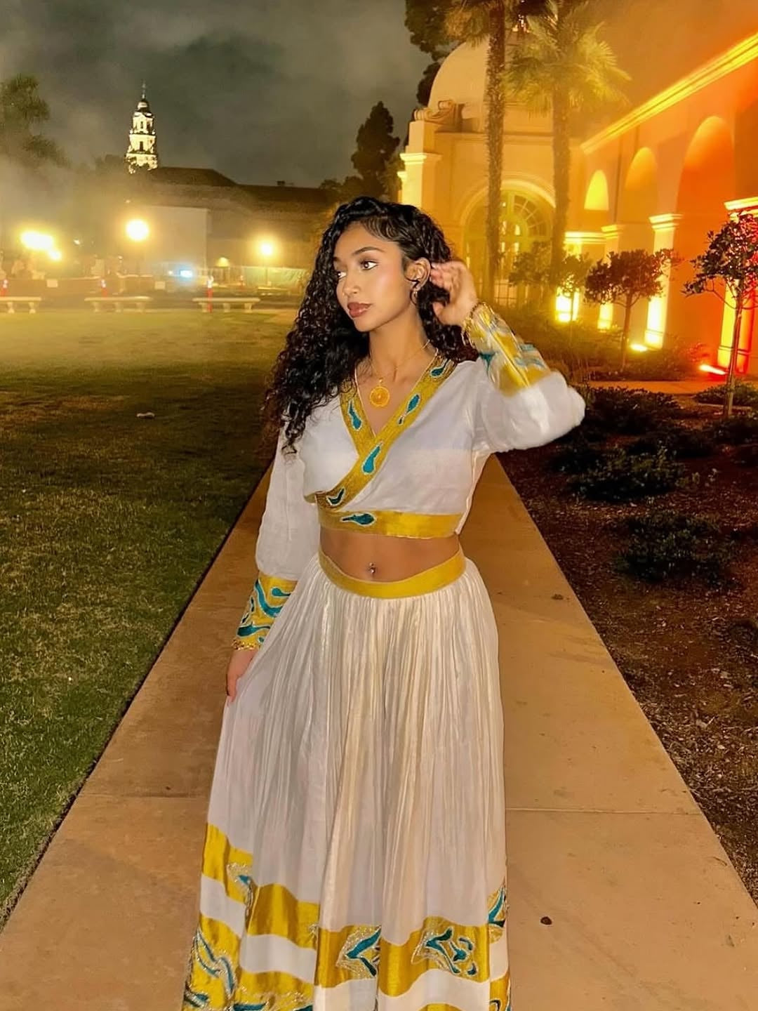 Modern Ethiopian Dress | Two-Piece Green Habesha Outfit with Gold Embroidery