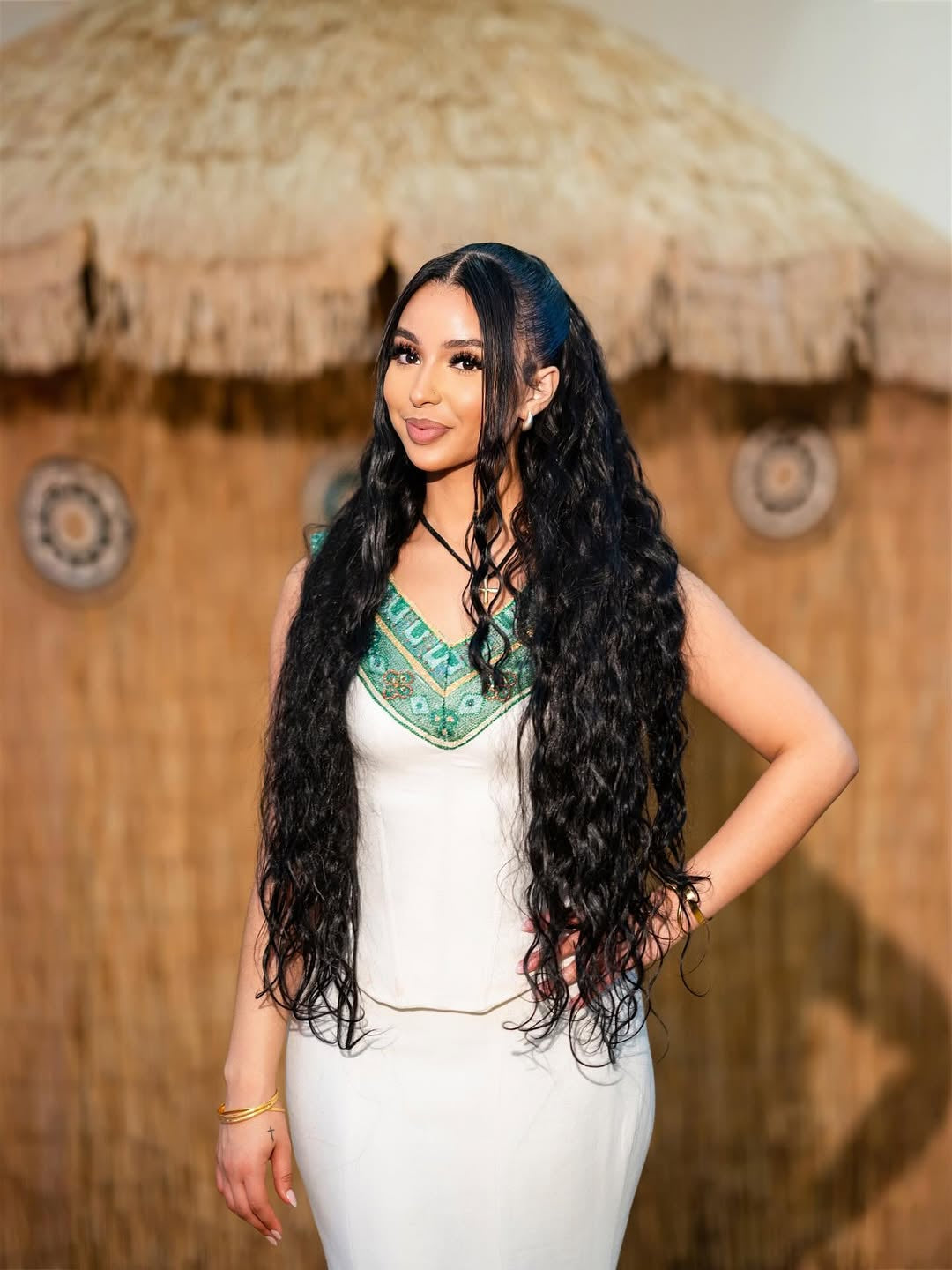 Emerald green-themed matching Family set Habesha Kemis Set by Enku Design – Ethiopian Traditional Dress