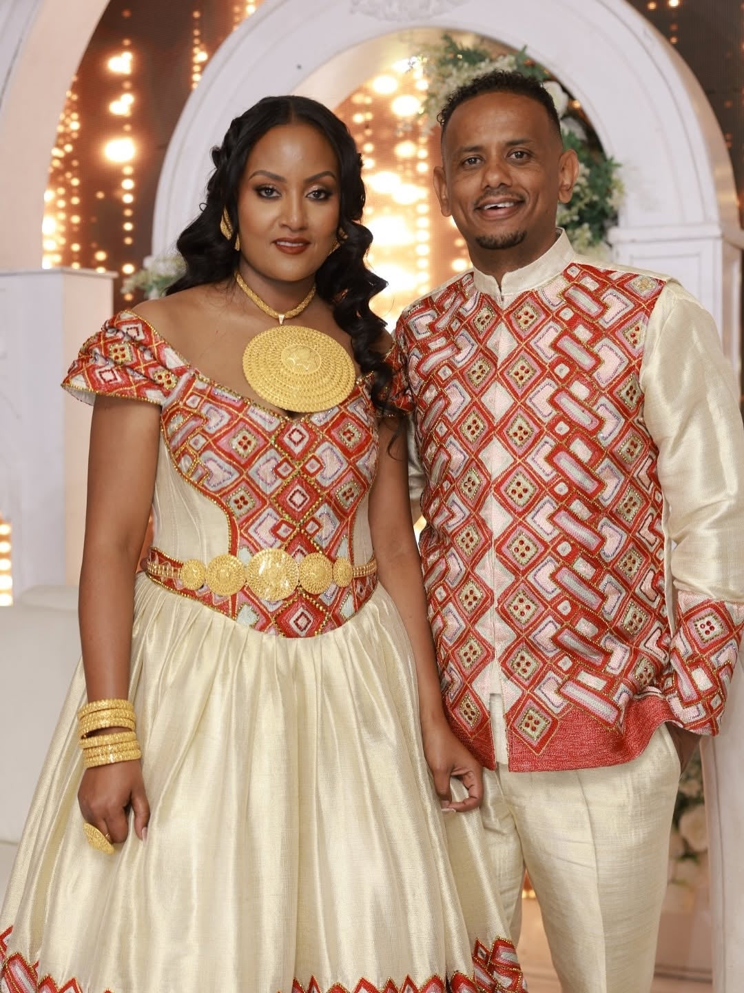 Red Ethiopian Couple Set – Modern Matching Traditional Wedding Outfits for Bride & Groom