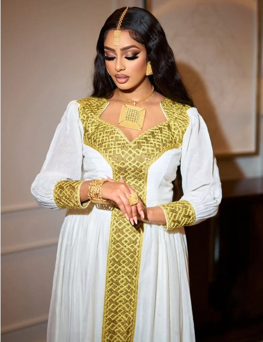 Traditional Ethiopian Dress β White Handwoven Kemis with Gold Borders