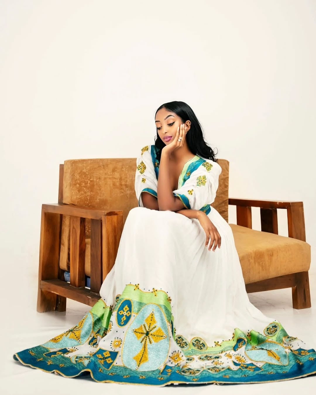 Green Menen Habesha Dress – Elegant Ethiopian Dress with Handwoven Tibeb