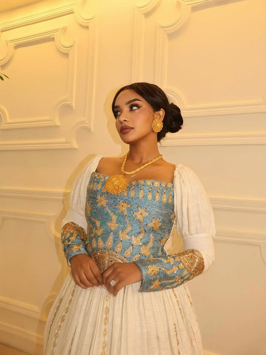 Habesha Wedding Dress | Blue Traditional Ethiopian Kemis