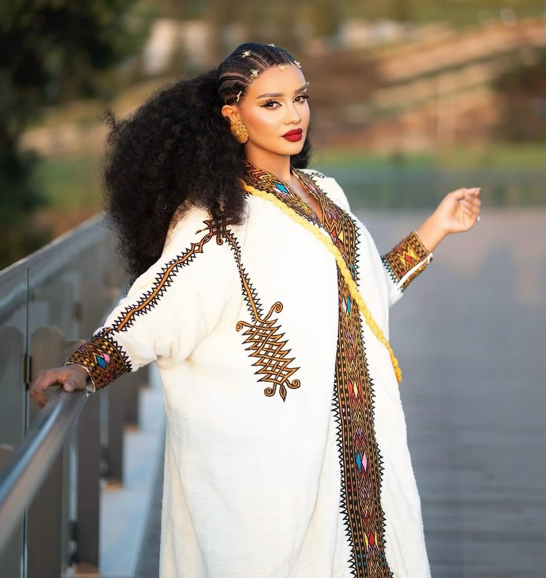Gold Gonder Menen Ethiopian Dress – Elegant Habesha Libs with Traditional Tibeb