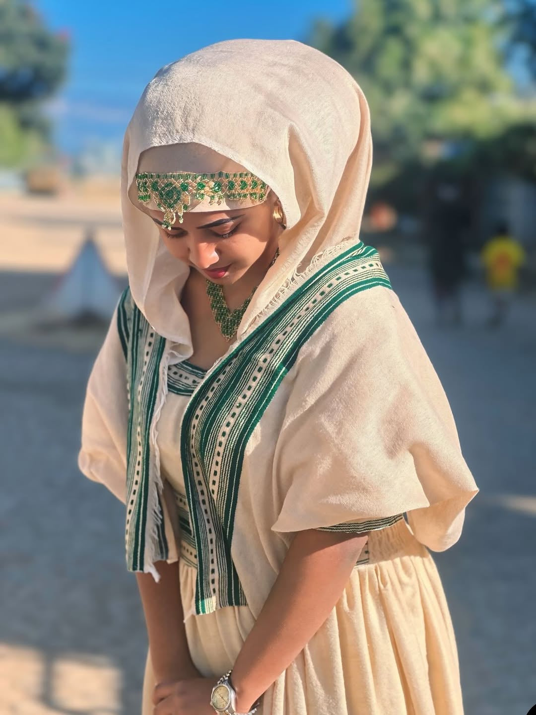 Green Habesha Dress: Modern Ethiopian Dress with Handmade Tibeb Embroidery for Weddings and Cultural Events
