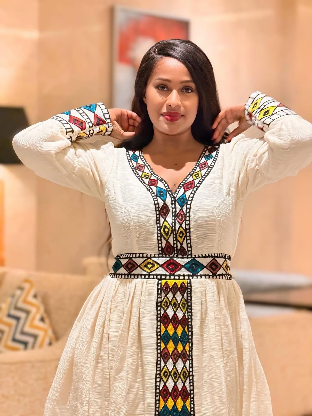 Modern Menen Habesha Dress – Bright A-Line with Gold Tibeb Accents