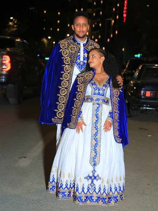 Blue Habesha Couple Matching Set – Wedding Traditional Outfit with Kaba for Groom & Bride