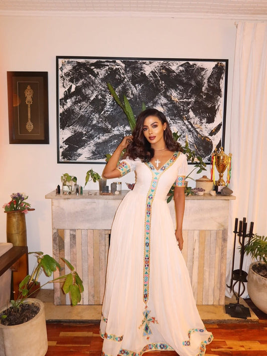 ሰማያዊና ነጭ የሃበሻ ቀሚስ | ሀገር ባህል ልብስ