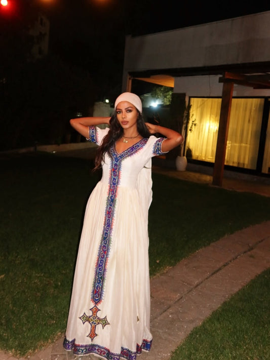 Purple Accents habesha Dress with Minimal white – Classic Habesha tibeb