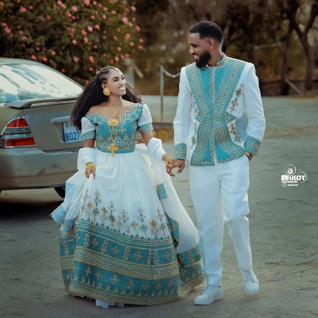 Blue Habesha Couple Wedding Set – Matching Ethiopian Traditional Wedding Outfits for Bride and Groom with Elegant Tibeb Design