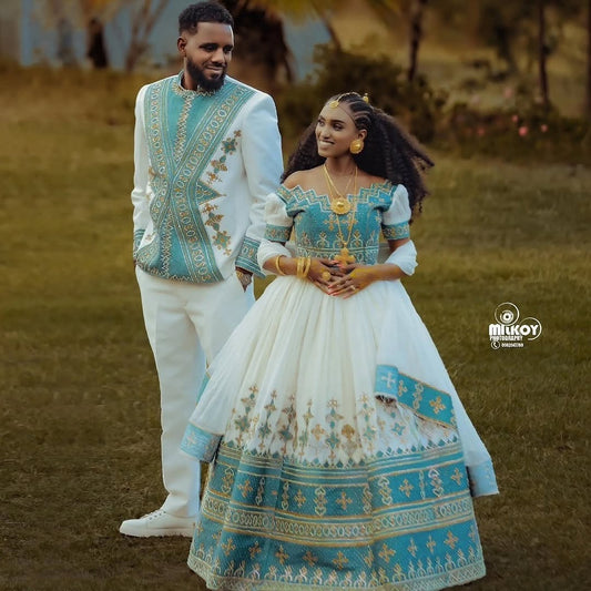 Blue Habesha Couple Wedding Set – Matching Ethiopian Traditional Wedding Outfits for Bride and Groom with Elegant Tibeb Design