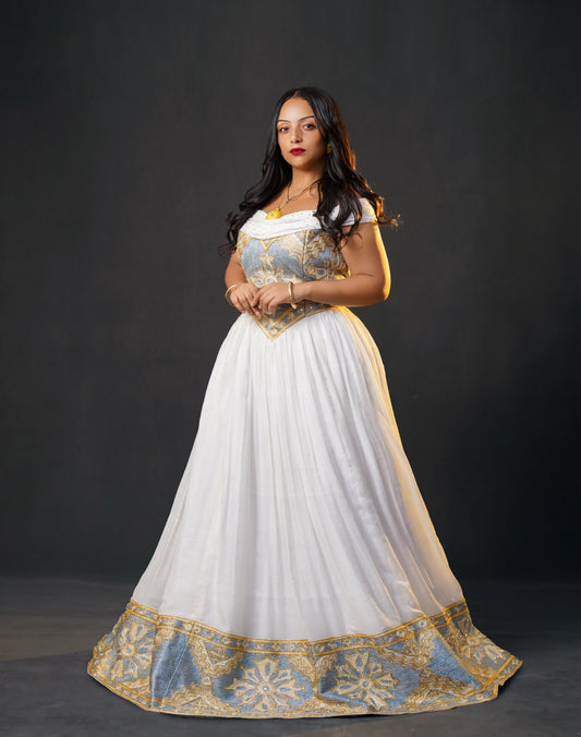 Women's blue Modern Cotton Habesha Zuria for Genna | Traditional Ethiopian Dress with Tibeb Border