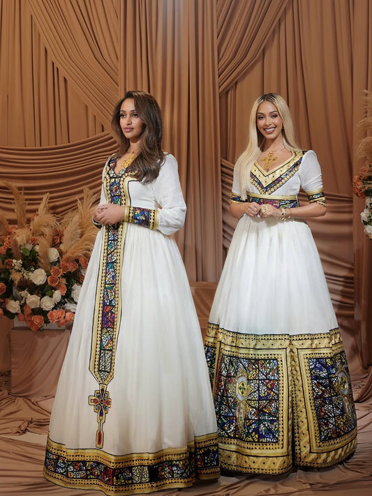 Gold Habesha Kemis by Enku Design – Handwoven Ethiopian Bridal Wear